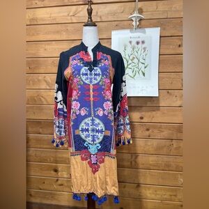 Sana Safinaz Vibrant Printed Tunic Dress Medium Pom Pom Trim